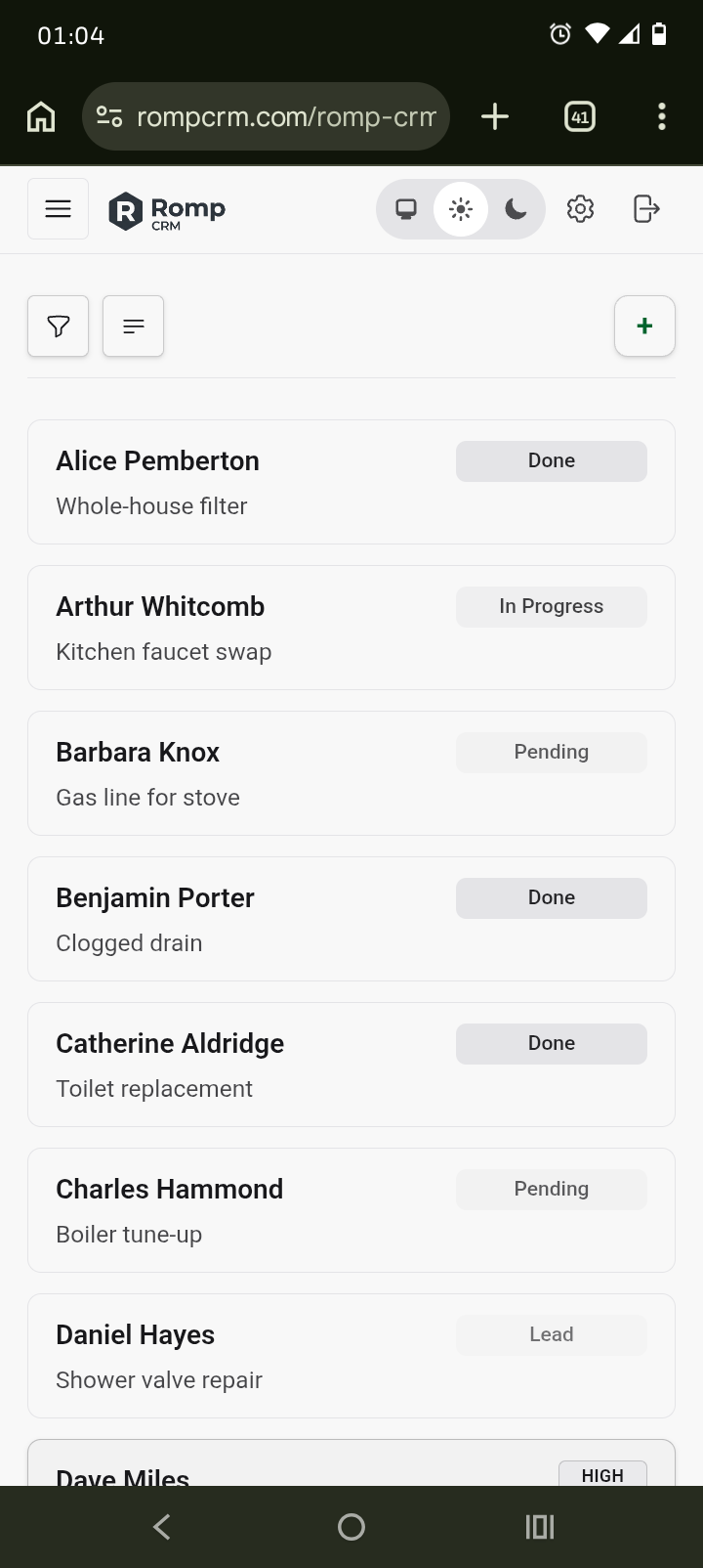 Mobile screenshot of the Romp CRM jobs board listing customer names, service descriptions, and status badges such as Done, In Progress, and Pending.