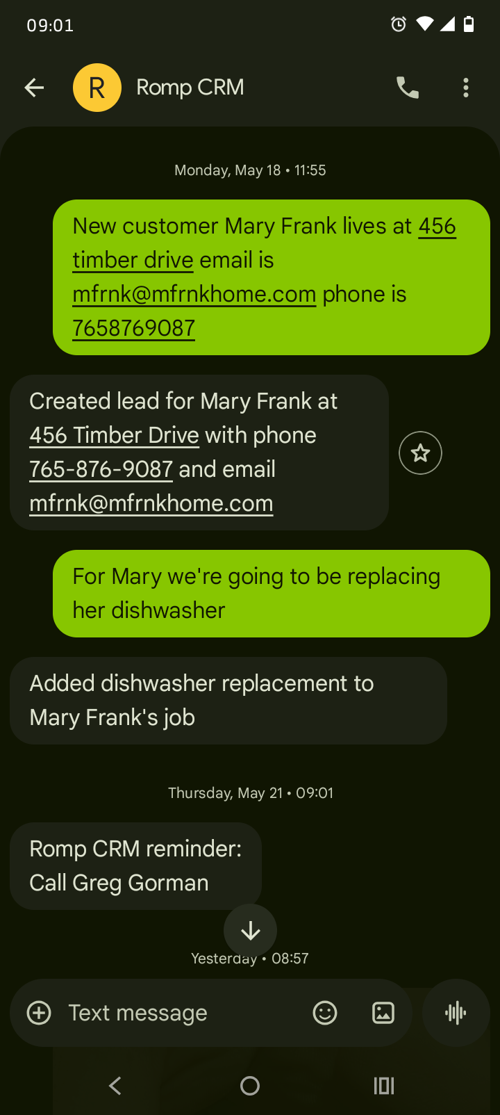 Mobile screenshot of a text conversation where a user creates a new Mary Frank lead and adds a dishwasher replacement job using plain language.