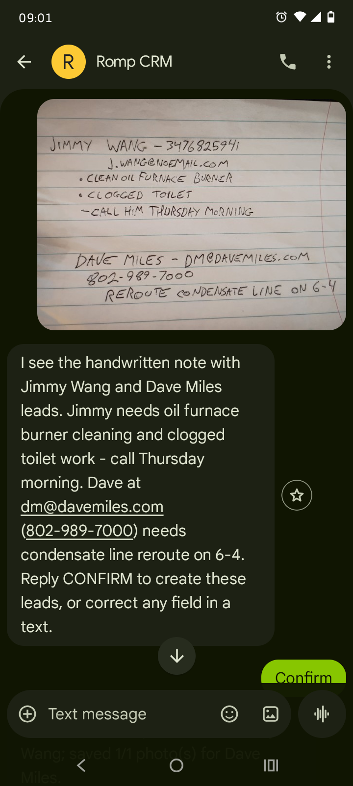 Mobile screenshot of a text conversation where Romp CRM reads a photo of a handwritten note and extracts two customer leads for confirmation.