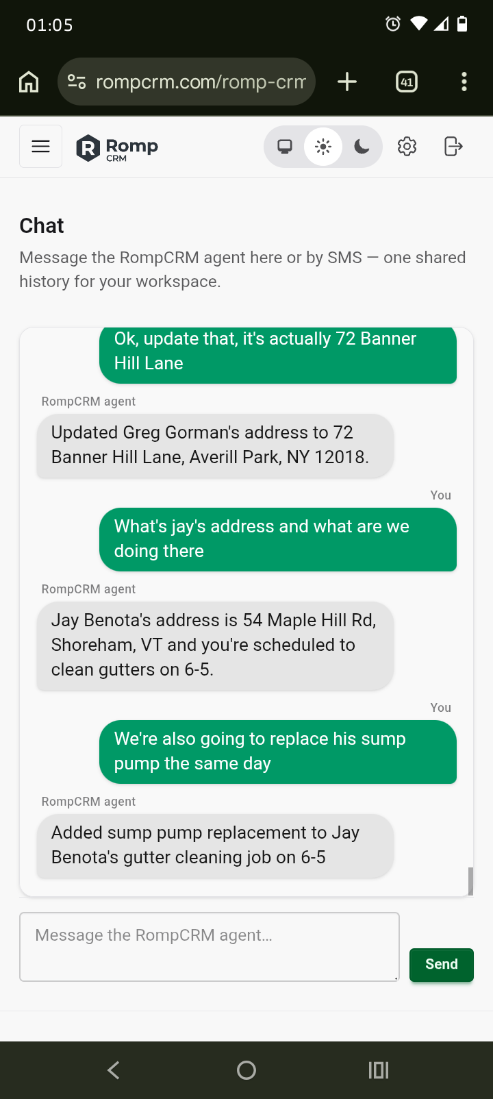 Mobile screenshot of the Romp CRM Chat page where a user messages the RompCRM agent to update addresses and add tasks to jobs.