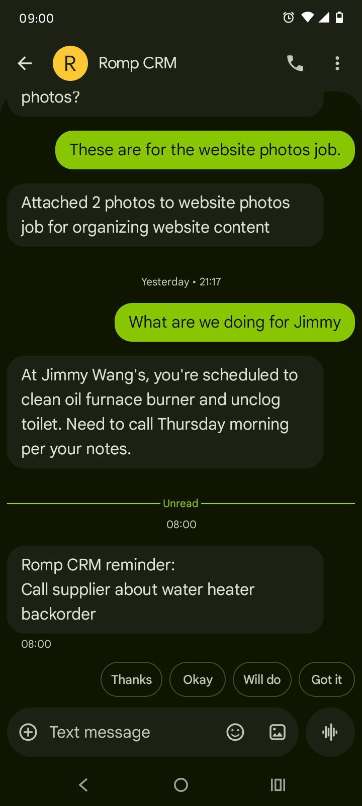 Mobile screenshot of a text message conversation with Romp CRM answering job questions, attaching photos, and sending automated reminders.