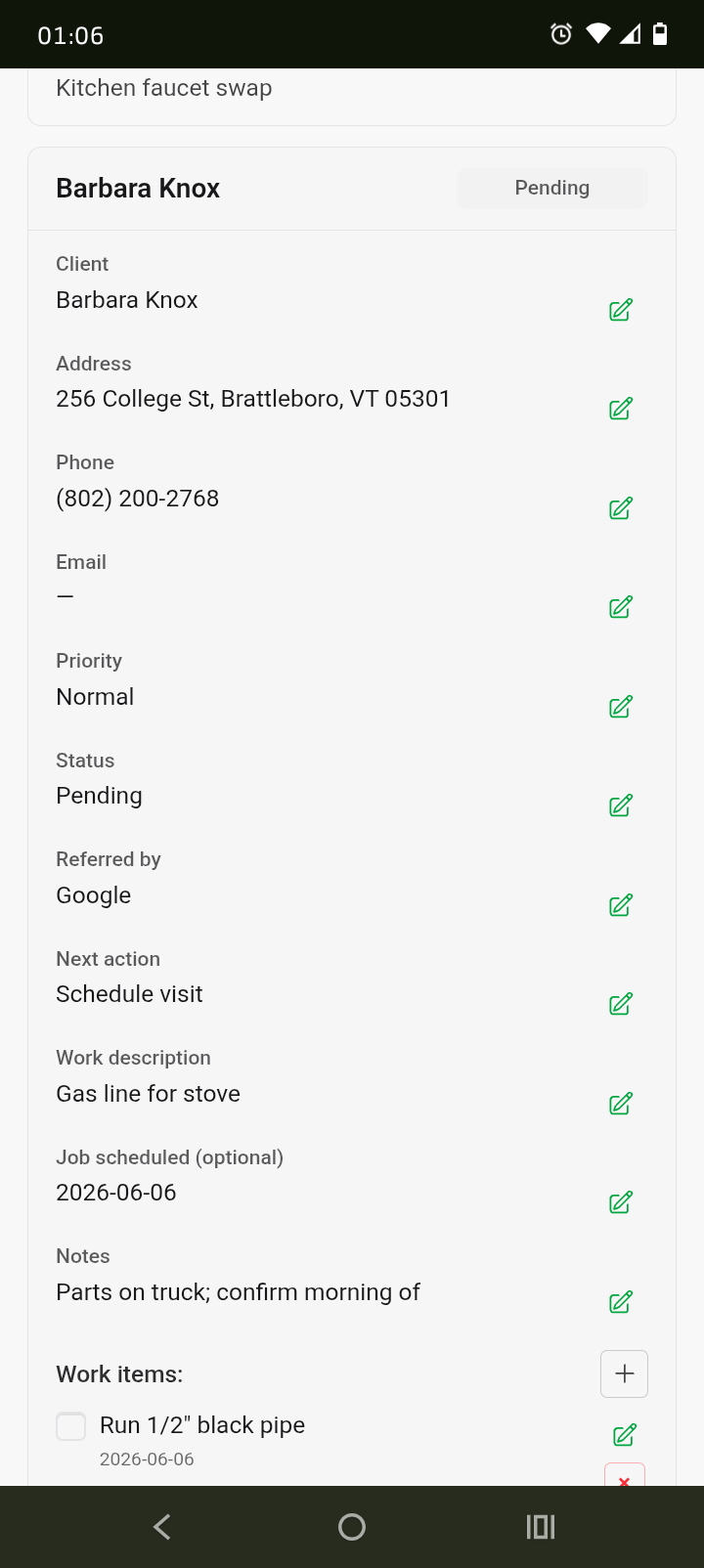 Mobile screenshot of a Romp CRM job record for Barbara Knox showing contact info, gas line work description, schedule date, notes, and a work item.