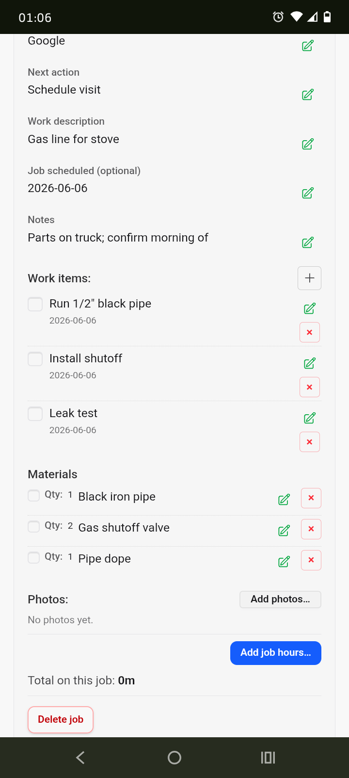 Mobile screenshot of a Romp CRM job detail showing a checklist of work items, a materials list, and sections for photos and job hours.