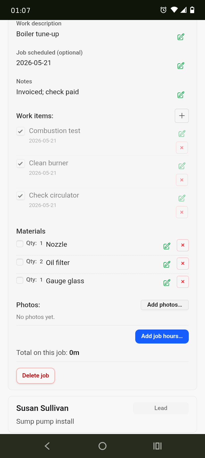 Mobile screenshot of a completed boiler tune-up job in Romp CRM with checked work items, materials used, and invoicing notes.