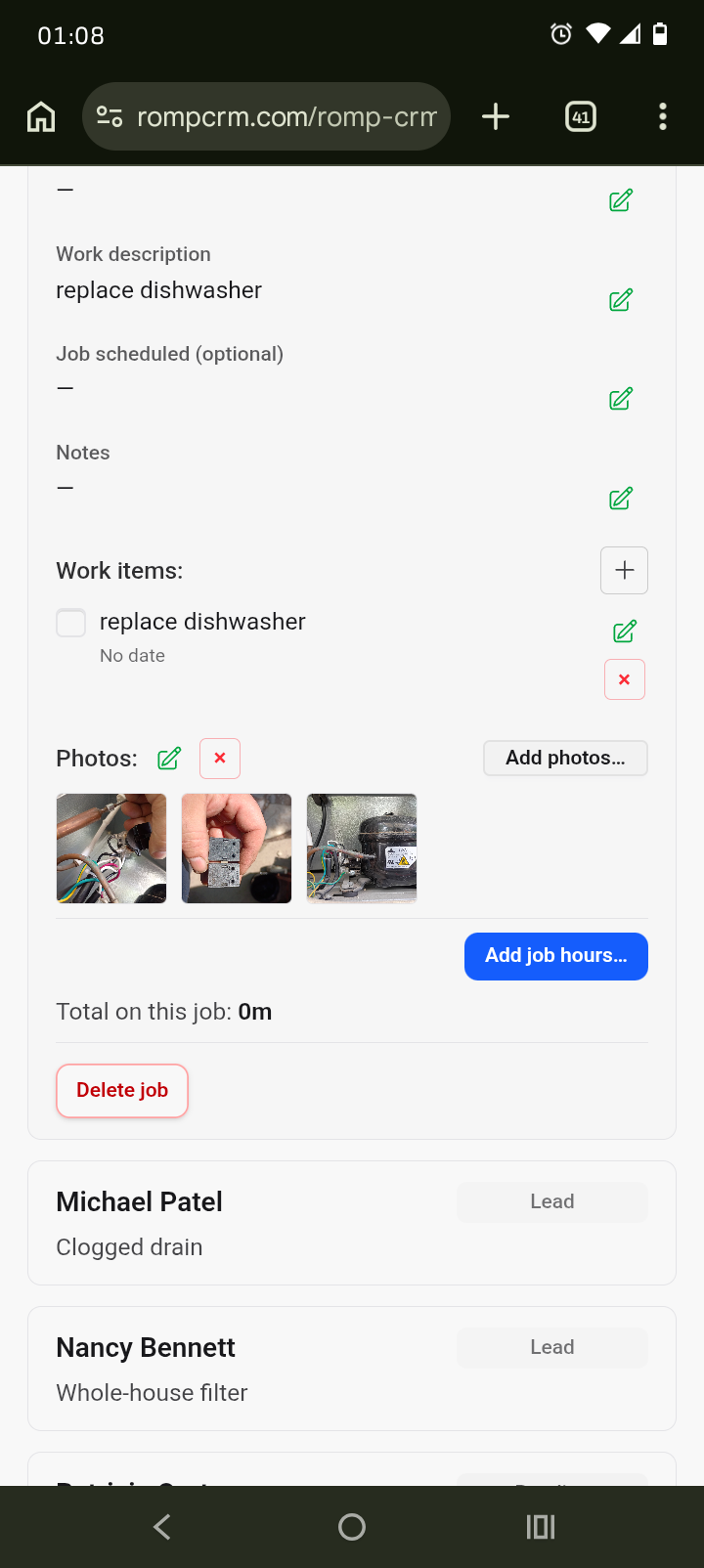 Mobile screenshot of a dishwasher replacement job in Romp CRM with attached repair photos and a list of other customer leads below.