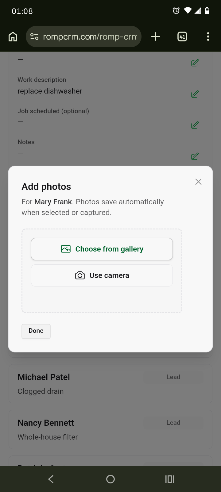 Mobile screenshot of an Add photos modal in Romp CRM offering Choose from gallery and Use camera options for a customer job.