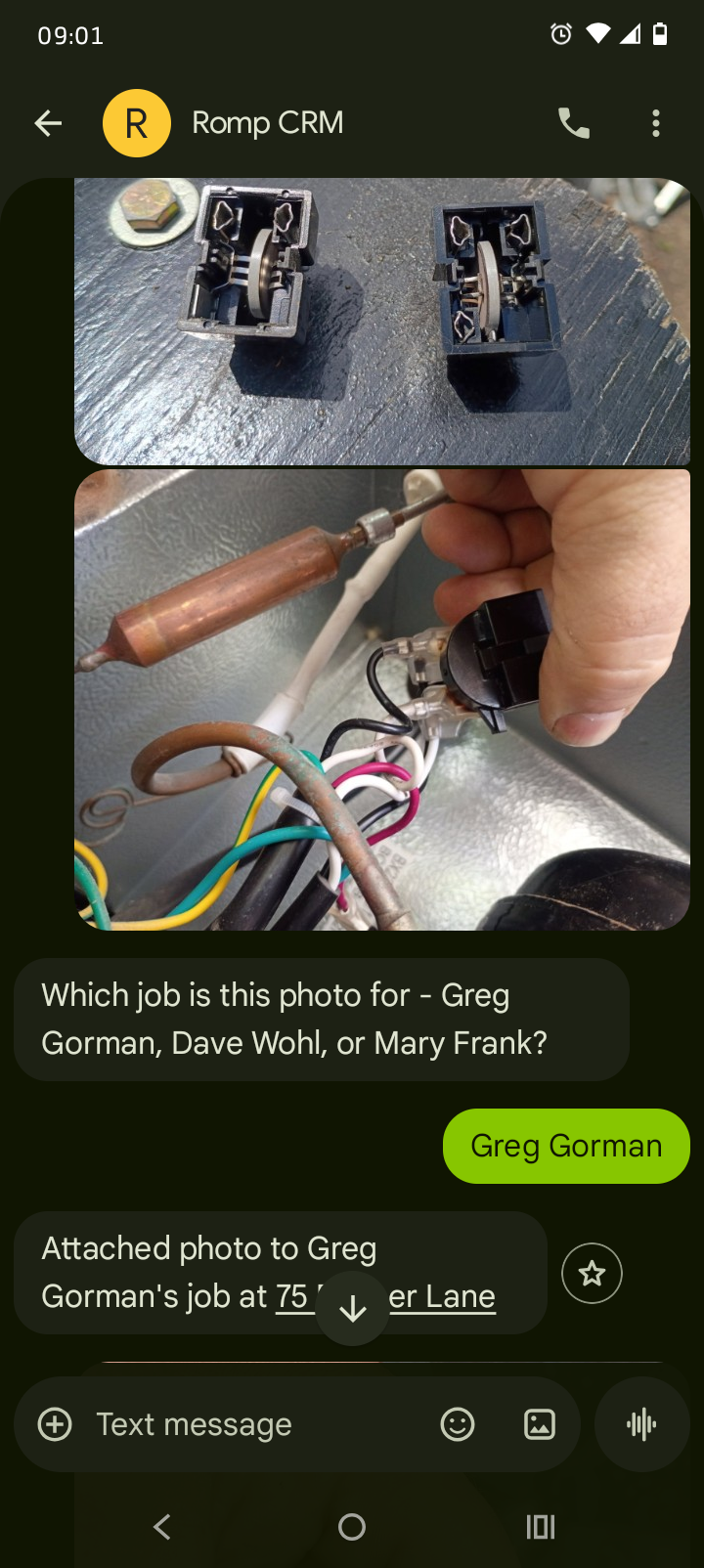Mobile screenshot of a text conversation where Romp CRM asks which job site photos belong to and attaches them to Greg Gorman's job.