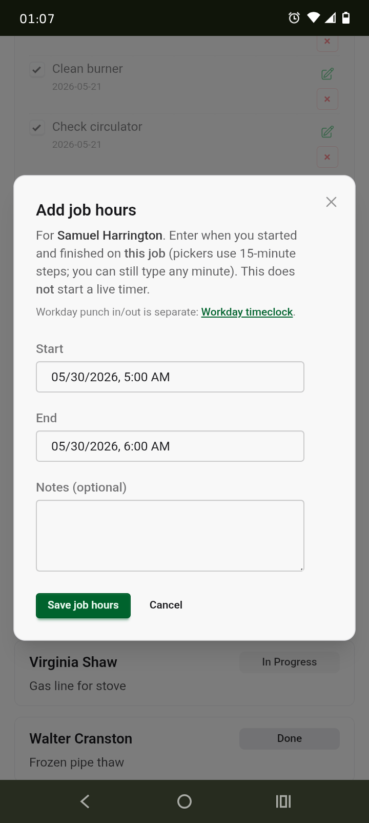 Mobile screenshot showing an Add job hours modal for Samuel Harrington with start time, end time, and optional notes fields.
