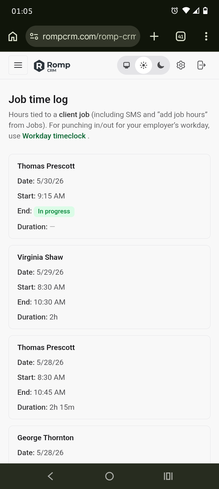 Mobile screenshot of the Romp CRM Job time log listing employee hours on client jobs with start times, end times, and durations.