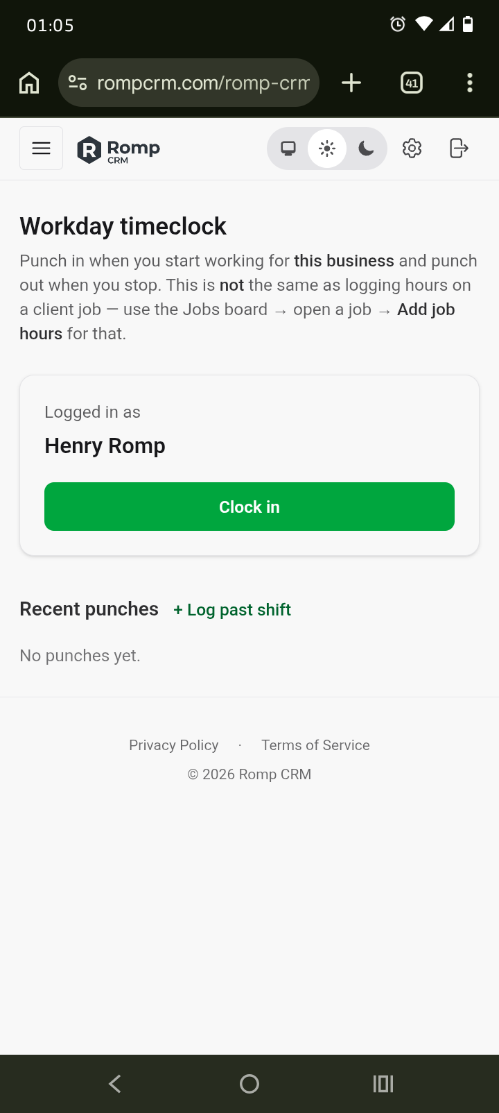 Mobile screenshot of the Romp CRM Workday timeclock page with a green Clock in button for logging general business hours separate from client jobs.