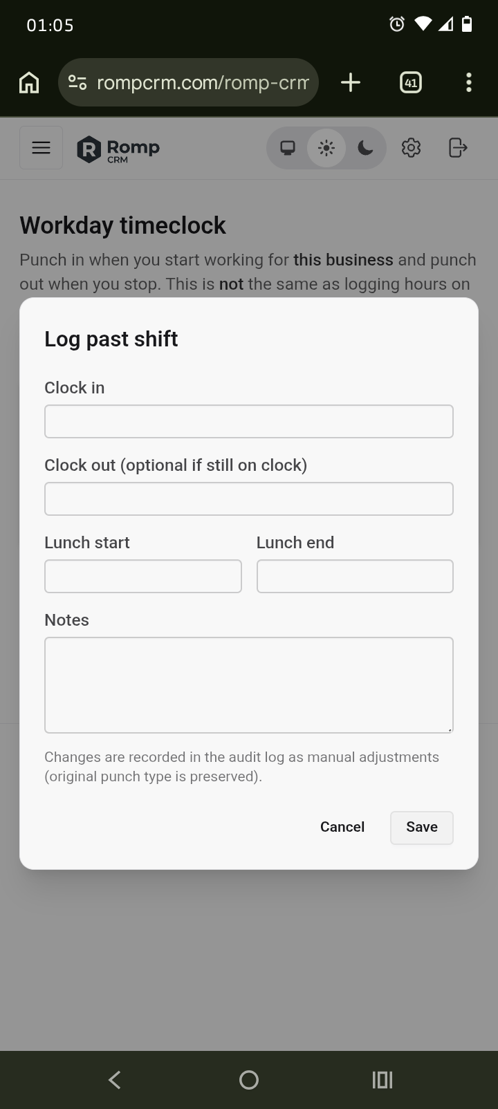 Mobile screenshot showing a Log past shift modal with fields for clock in, clock out, lunch breaks, and notes on the Workday timeclock page.