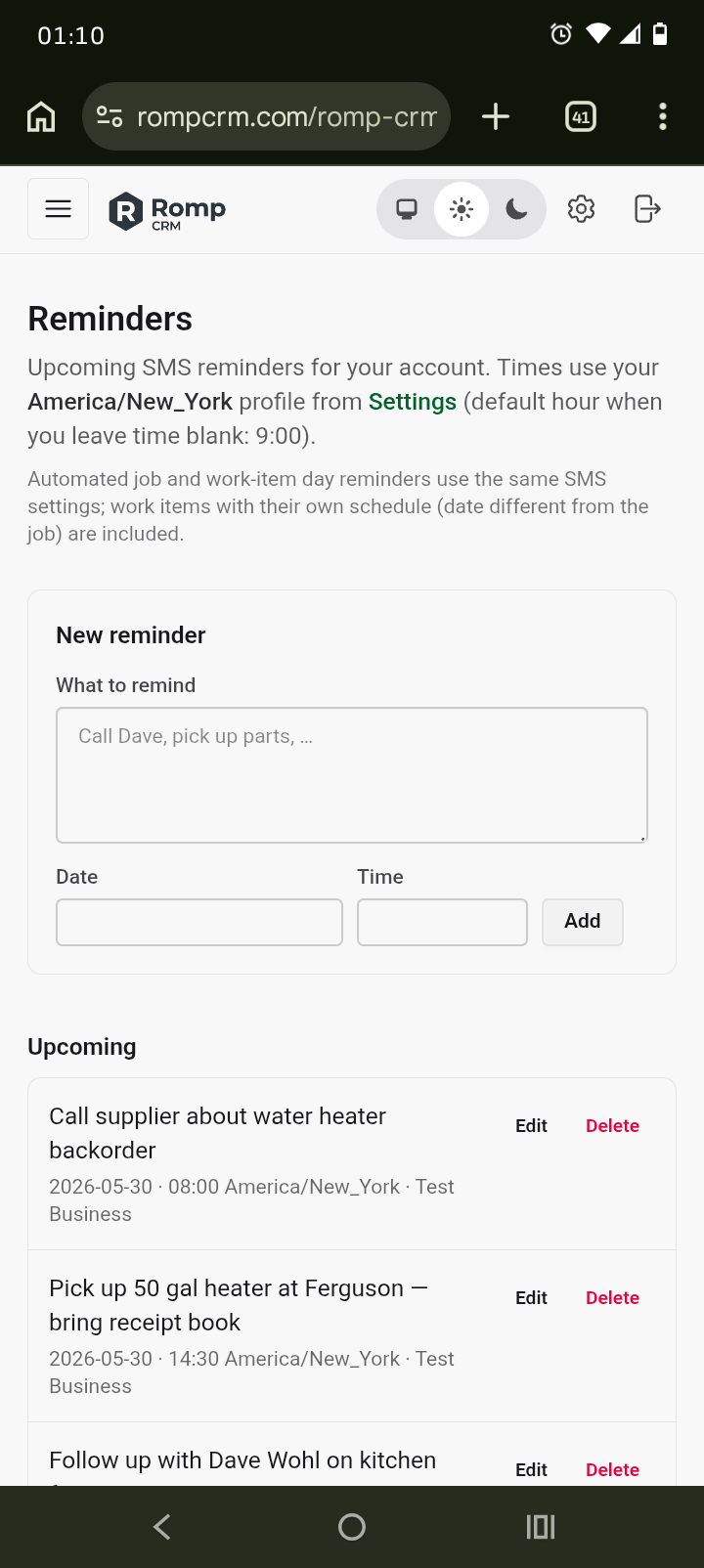 Mobile screenshot of the Romp CRM Reminders page showing a new reminder form and multiple upcoming scheduled SMS reminders.
