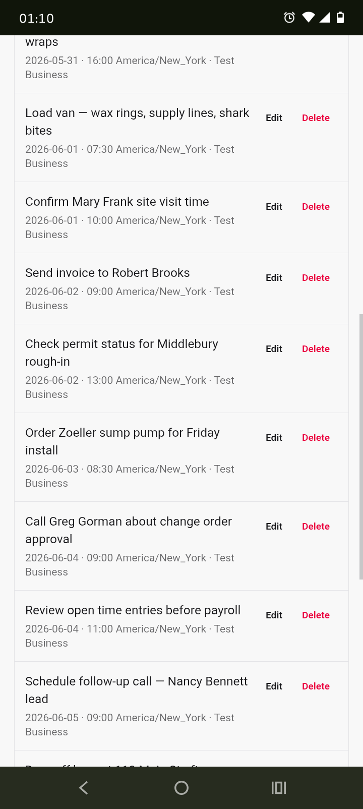 Mobile screenshot of a scrollable list of scheduled Romp CRM reminders for service tasks with dates, times, and edit or delete actions.