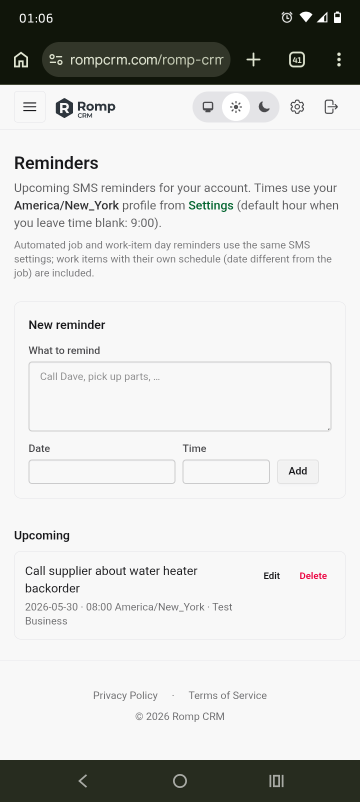 Mobile screenshot of the Romp CRM Reminders page with a form to create a new SMS reminder and one upcoming reminder listed.