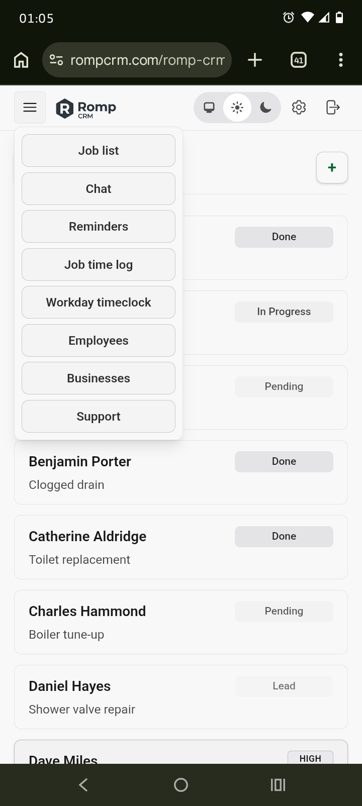 Mobile screenshot of Romp CRM with the side menu open, showing links for Job list, Chat, Reminders, time tracking, Employees, and Businesses.