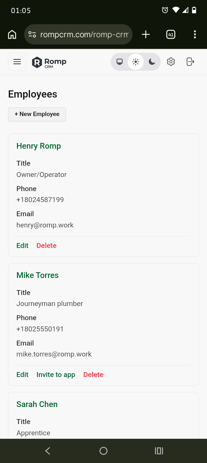 Mobile screenshot of the Romp CRM Employees page showing staff names, titles, contact details, and options to edit or invite team members.